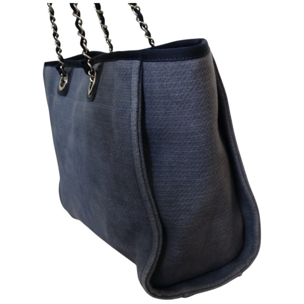 Chanel Deauville Tote Bag Denim Slate Blue Canvas Navy Trim Silver Hardware - Picture 6 of 16